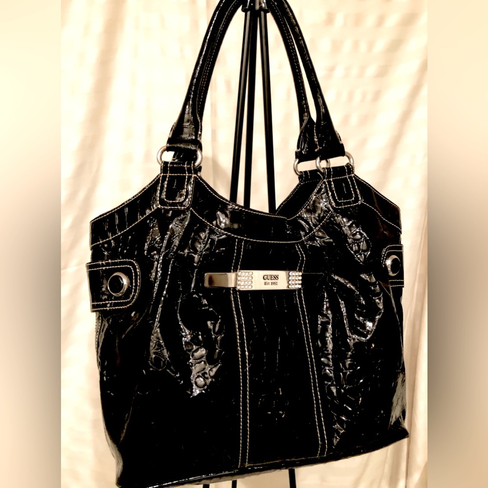 Guess Black Patent Leather Tote Shoulder Bag Large